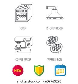 Waffle-iron, coffee maker and oven icons. Kitchen hood linear sign. Shield protection, calendar and new tag web icons. Vector