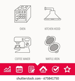 Waffle-iron, coffee maker and oven icons. Kitchen hood linear sign. Edit document, Calendar and Graph chart signs. Star, Check and House web icons. Vector