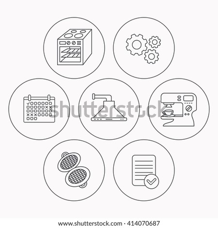 Waffle-iron, coffee maker and oven icons. Kitchen hood linear sign. Check file, calendar and cogwheel icons. Vector