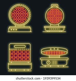 Waffle-iron icons set. Outline set of waffle-iron vector icons neon color on black