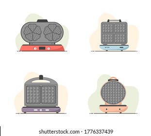 Waffle-iron. Set of waffle makers isolated on white. Cooking breakfast. Modern vector illustration in flat cartoon style.