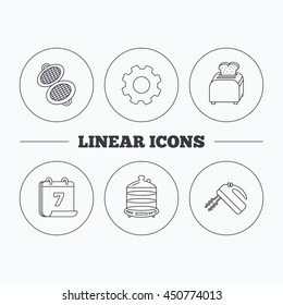 Waffle-iron, toaster and blender icons. Steamer linear sign. Flat cogwheel and calendar symbols. Linear icons in circle buttons. Vector