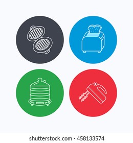 Waffle-iron, toaster and blender icons. Steamer linear sign. Linear icons on colored buttons. Flat web symbols. Vector