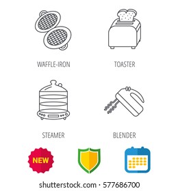 Waffle-iron, toaster and blender icons. Steamer linear sign. Shield protection, calendar and new tag web icons. Vector