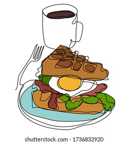 Waffles bacon and eggs sandwich on plate and coffee in the mug breakfast cafe restaurant meal line art vector graphics doodle illustration