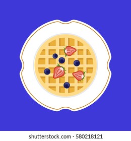 Waffles with berries in plate flat vector illustration isolated