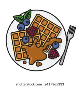Waffles with berry fruit and caramel sauce on plate isolated vector illustration for International Waffle Day on March 25