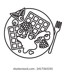 Waffles with berry fruit on plate vector line icon for International Waffle Day on March 25