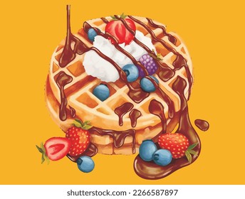 Waffles with blueberries and chocolate syrup, autumn food vector stock illustration