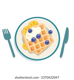 Waffles with blueberries and Greek yogurt on crockery plate with fork and knife vector food illustration