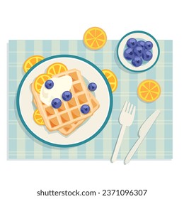 Waffles blueberries and orange sliced food on table vector illustration flat design