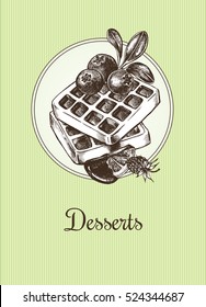 Waffles with blueberry on a striped background. Hand drawn sketch vector illustration. Template for menu, labels, signboard design.