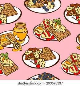 Waffles for breakfast. Seamless illustration - set of different wafers. Waffles with honey, syrup, berries (strawberries, raspberries, blueberries)  ice cream, chocolate, jam. Bright cute background.