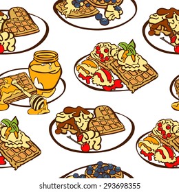 Waffles for breakfast. Seamless illustration - set of different wafers. Waffles with honey, syrup, berries (strawberries, raspberries, blueberries)  ice cream, chocolate, jam. Bright cute background.