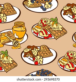 Waffles for breakfast. Seamless illustration - set of different wafers. Waffles with honey, syrup, berries (strawberries, raspberries, blueberries)  ice cream, chocolate, jam. Bright cute background.