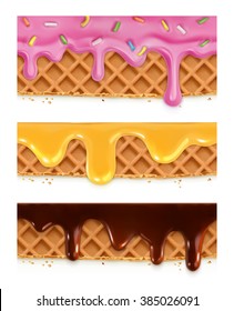 Waffles chocolate, honey, glaze, vector seamless horizontal patterns