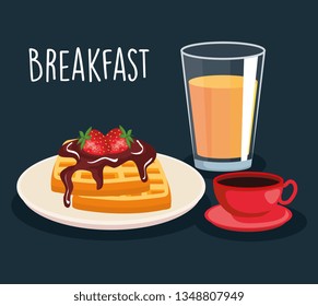 waffles with chocolate sauce and orange juice with coffee