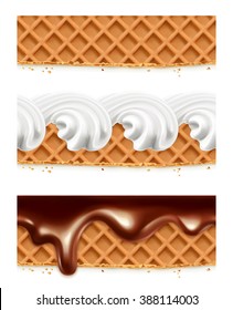 Waffles, chocolate, whipped cream, vector seamless horizontal patterns