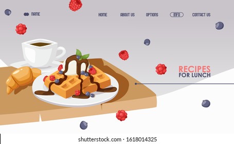 Waffles and coffee for breakfast, cafe website design, vector illustration. Landing page template for restaurant or food recipes web site. Continental european breakfast, tasty dessert freshly baked