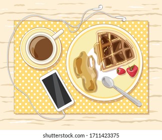 Waffles and coffee. Set for Breakfast in the restaurant and cafe. Vector. Objects are isolated.