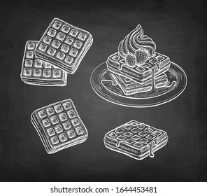 Waffles with cream and strawberry topping. Chalk sketch on blackboard background. Hand drawn vector illustration. Retro style.