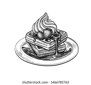Waffles with cream and strawberry topping. Ink sketch isolated on white background. Hand drawn vector illustration. Retro style.