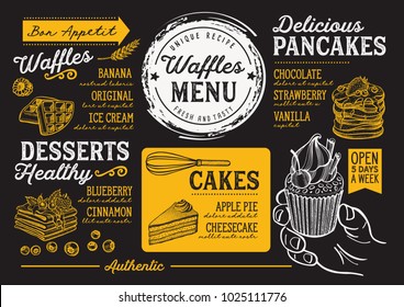 Waffles and crepes restaurant menu. Vector pancake food flyer for bar and cafe. Design template with vintage hand-drawn illustrations.