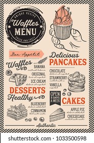 Waffles And Crepes Restaurant Menu. Vector Pancake Food Flyer For Bar And Cafe. Design Template With Vintage Hand-drawn Illustrations.