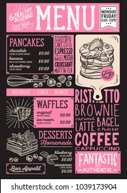 Waffles and crepes restaurant menu. Vector pancake food flyer for bar and cafe. Design template with vintage hand-drawn illustrations.