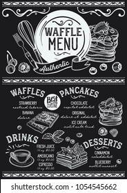 Waffles And Crepes Restaurant Menu. Vector Pancake Food Flyer For Bar And Cafe. Design Template With Vintage Hand-drawn Illustrations.