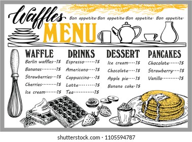 Waffles And Crepes Restaurant Menu. Vector Pancake Food Flyer For Bar And Cafe. Design Template With Vintage Hand-drawn Illustrations.