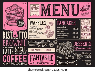 Waffles and crepes restaurant menu. Vector pancake food flyer for bar and cafe. Design template with vintage hand-drawn illustrations.