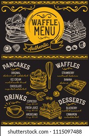 Waffles and crepes restaurant menu. Vector pancake food flyer for bar and cafe. Design template with vintage hand-drawn illustrations.