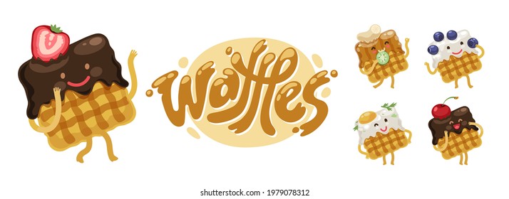 Waffles cute cartoon characters emoji set for breakfast menu project. Symbol and logo for food design decoration. Isolated on white background.