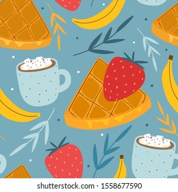 Waffles desserts seamless pattern for print, textile, fabric. Sweet dessert with cocoa and marshmallow background.