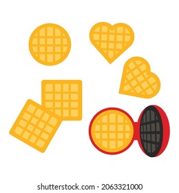 Waffles different forms (heart, round, square) with waffle iron. Cooking breakfast. Vector illustration in cartoon style on white background