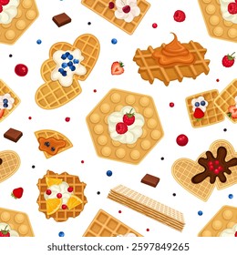 Waffles Food as Pastry Dessert Seamless Pattern Design Vector Template