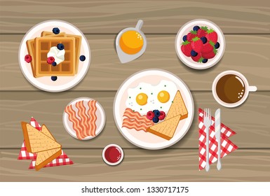 waffles with fried eggs and sliced bread