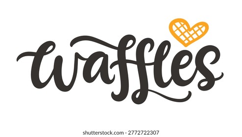 Waffles hand written lettering in modern calligraphy style with decorative element, isolated on white background. Vector illustration for cafe branding, dessert menus and food design.