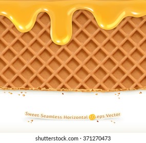 Waffles and honey, horizontal seamless vector pattern