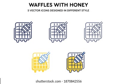 Waffles with honey vector icons set designed in different style