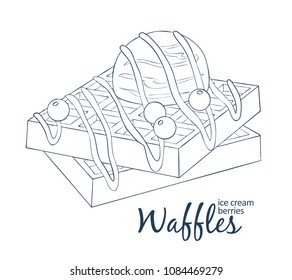 Waffles with ice cream and berries. Detailed Vector Icon. Series of food and drink and ingredients for cooking.