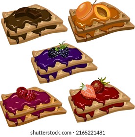 Waffles with jam and berries.Vector set of waffles with jam, berries and chocolate on a transparent background.