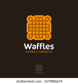 Waffles logo. Street food. Yummy emblem. Bakery and cafe logo. Symbol of waffle or cookie with letters.