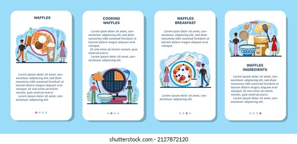 Juego de pancartas de aplicación móvil Waffles. Pasteles belgas dulces con crema y fruta. Pasteles de comida rápida para el desayuno. Ilustración vectorial plana