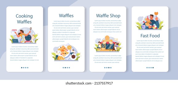 Juego de pancartas de aplicación móvil Waffles. Pasteles belgas dulces con crema y fruta. Pasteles de comida rápida para el desayuno. Ilustración vectorial plana