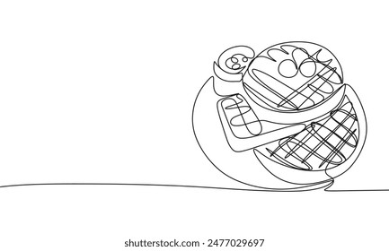 Waffles on plate one line continuous. Line art breakfast. Hand drawn vector art.