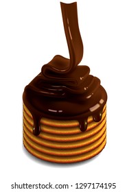 Waffles on which the glossy stream of chocolate flows on a white background.