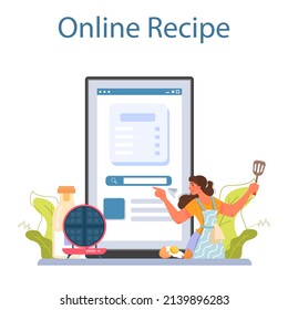 Waffles online service or platform. Sweet Belgian pastries with cream topping and fruits. Fast food sweets for breakfast. Online recipe. Vector illustration