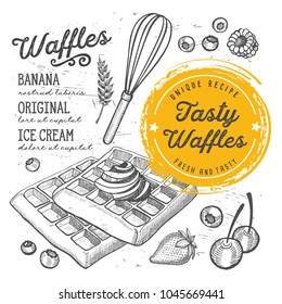 Waffles Restaurant Menu. Vector Dessert Food Flyer For Bar And Cafe. Design Template With Vintage Hand-drawn Illustrations.